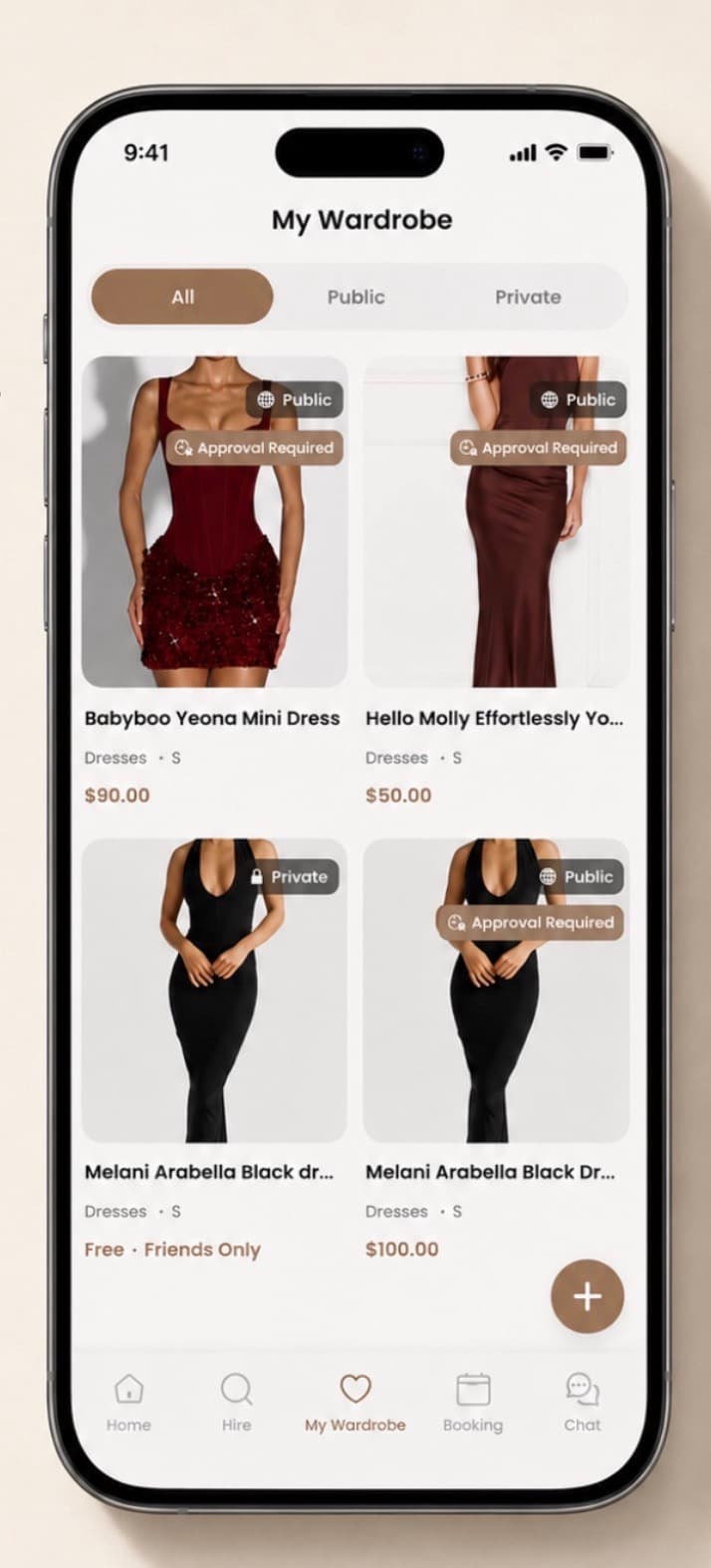 The My Wardrobe screen in the Closet Club app, showing listed dresses marked public, private and approval required